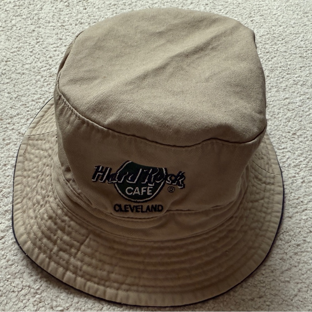 Vintage Hard Rock Cafe Cleveland Bucket Hat Cap L/XL Beige Khaki Cotton Logo Hat